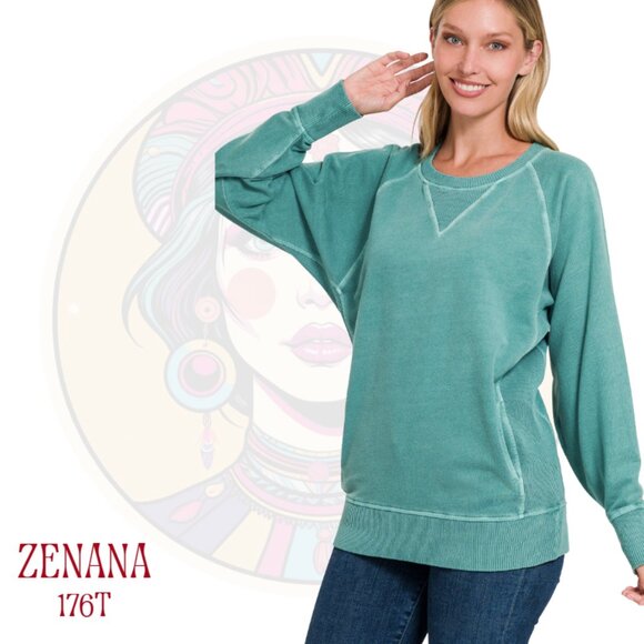 Zenana Tops - 176T ZENANA Teal Cotton French Terry Pullover Sweatshirt Pockets